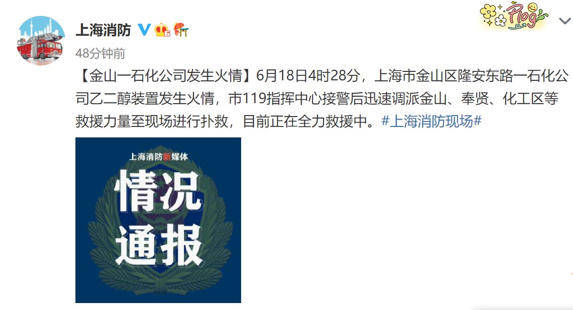 上海金山一石化公司发生火情